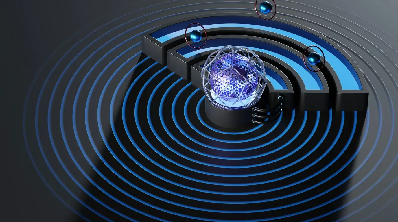 A three-dimensional wi-fi symbol over concentric blue rings, a faceted glass globe at its centre.