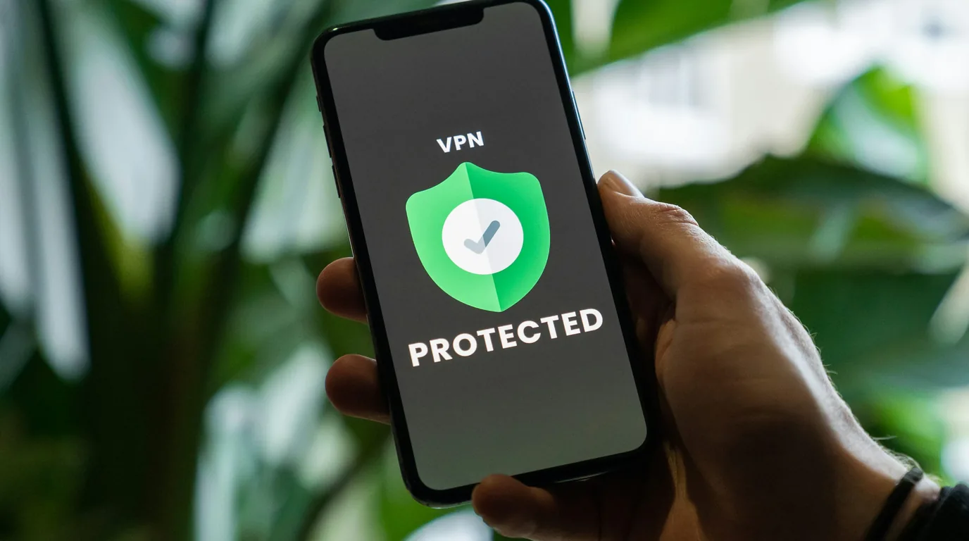 A hand holding a phone whose screen shows a green shield with a tick above the word PROTECTED, against out-of-focus foliage.